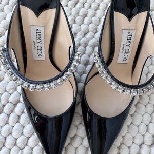 Jimmy Choo Black Patent Leather Crystal-Strap Pointed Pumps